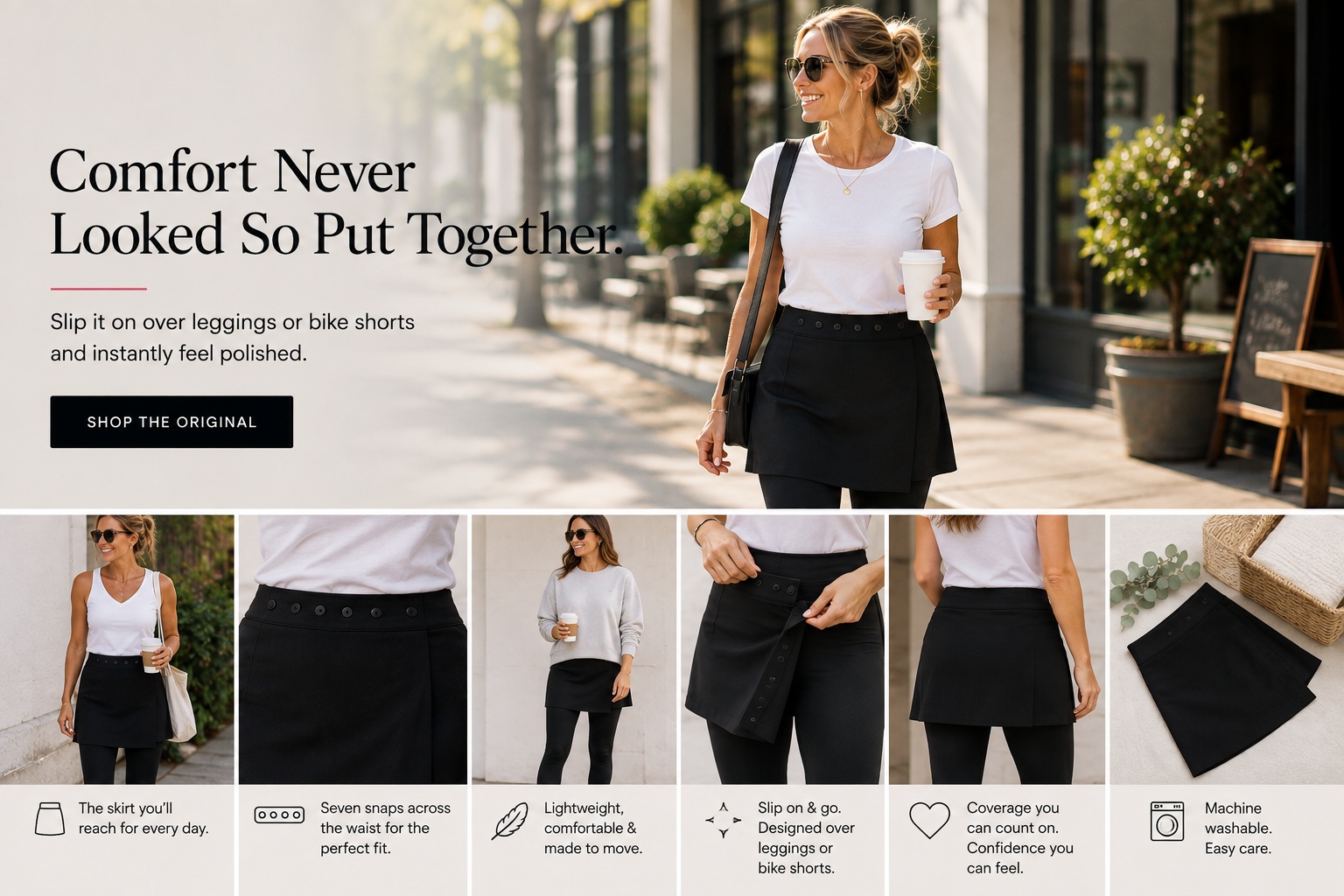Woman wearing Covers Your Asset snap-on skirt over leggings with a coffee in hand